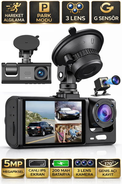 SONREİR CC-33 Full HD 3 Kameralı Araç İçi Güvenlik Kamerası 64GB – IR Gece Gö...