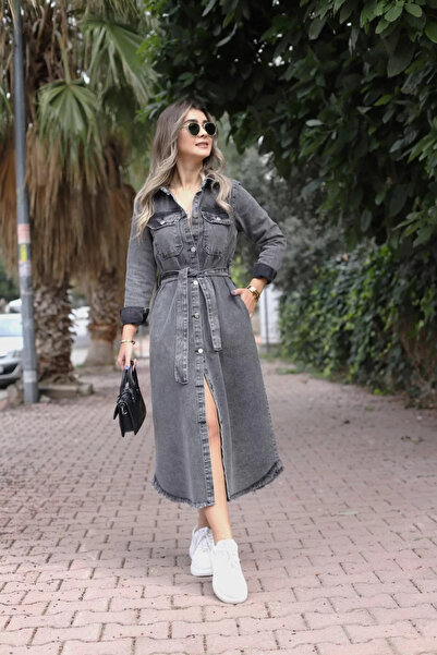 bytugcekaya Μαύρο τζιν φόρεμα με μακριά ζώνη