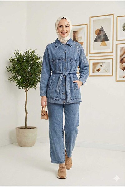 Women's Belted Stone Embroidered Denim Blue Double Suit