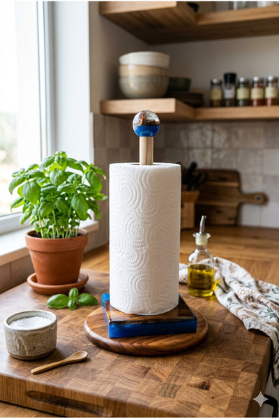 Af epoxyart Lüks Mavi Epoksi ve Hakiki Ahşap Kağıt Havluluk - Kristal Küre De...