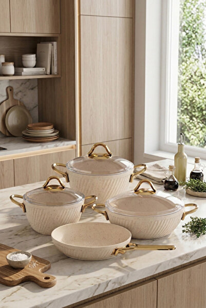 Özkent طقم أواني طهي من الجرانيت هيرا 7 قطع كريمي