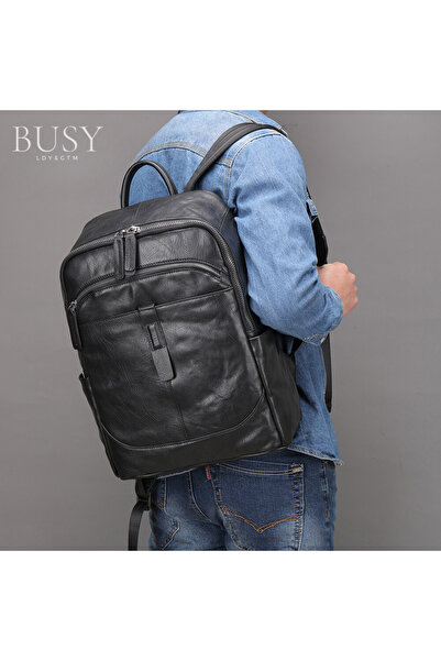 Busy Lady&Gentleman Rucsac din piele Barreta, piele naturală, unisex, capacitate mare, spațiu tabletă și laptop, negru