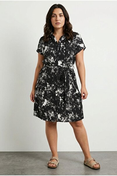 Stil Diva Plus Size Abstract Patterned Buttoned Front Belted Midi Length Lycr...