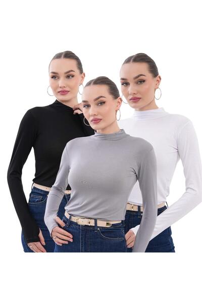 bykombincim %100 VİSKON KUMAŞ Kadın Parmak Detaylı Body 3'LÜ SİYAH-BEYAZ-GRİ ...