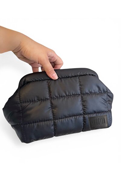 Nuggita Mat Siyah Puffer Gizli Burslu Clutch El / Omuz Çantası