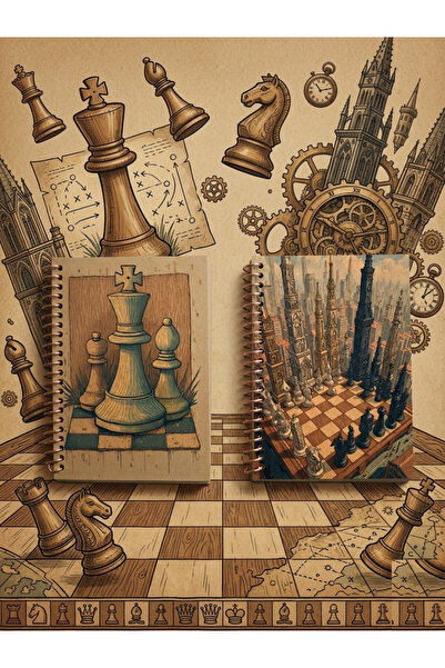 Pridas Satranç Temalı 2'li Vintage Kraft Defter Seti Çizgisiz