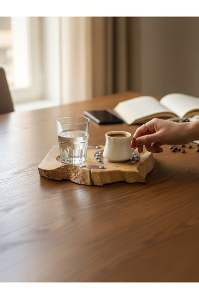 Home Handmade Olive Wood Turkish Coffee Serving Tray with Horseshoe and Horse...