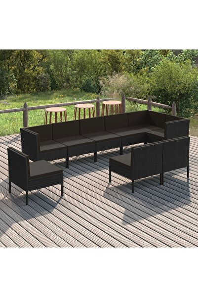 Concept Set mobilier de grădină cu perne, 9 piese, negru, poliratan