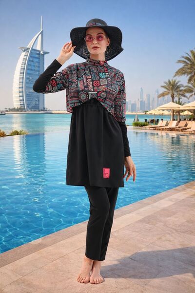 MAG FASHİON Omuzda Pile Detaylı 3 Parça Tesettür Mayo Tam Kapalı Mayo Büyük B...