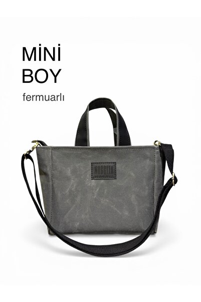 Nuggita Mini Boy Fermuarlı Mumlu Kanvas Antrasit (siyah deri detaylı) El Çant...