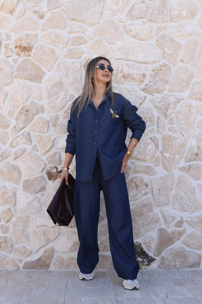 bytugcekaya Mavi Arı İşlemeli Gömlekli Pantolon Takım