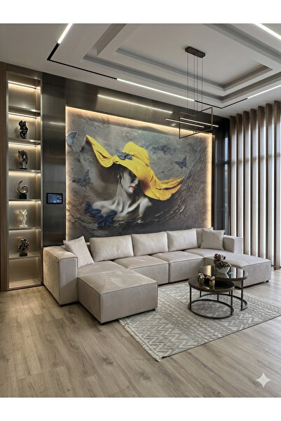 Erduran Mobilya Angelo 6 modül U kurulum Bayb face 02 sırt minderli köşe kolt...