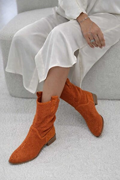 POTEEN Cizme de vară perforate cu toc scurt, din piele intoarsa, P100-Portocaliu