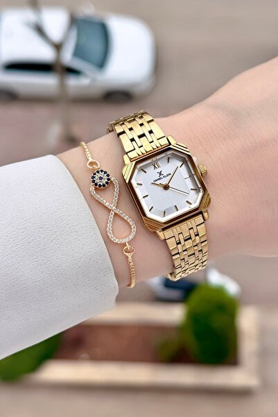 Daniel Klein ساعة يد نسائية مربعة الشكل مقاس 23 ملم مع سوار ذهبي اللون قابل ل...