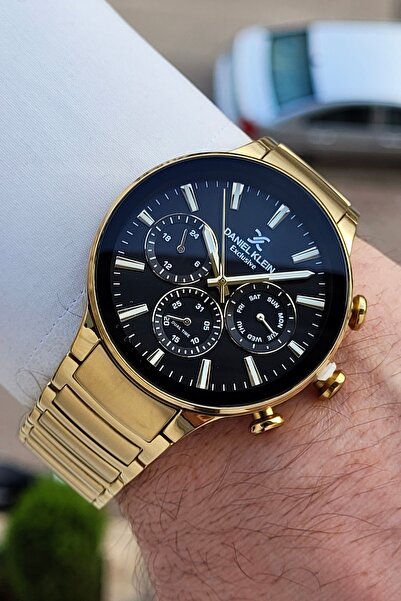 Daniel Klein Functional Men's Wrist Watch with Black Dial Gold Color Adjustab...