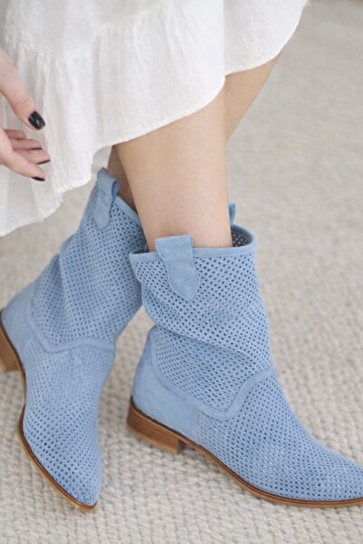 POTEEN Stelli Suede Short Heel Perforated Summer Boots P100-Baby Blue