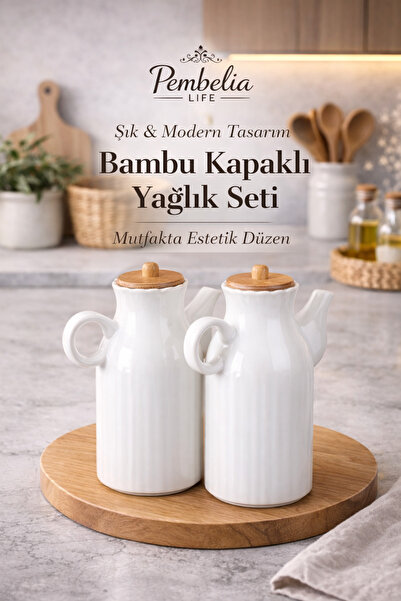 Kitchen Pembelia 2 Adet Bambu Kapaklı Porselen 1000ml Yağdanlık-yağlık