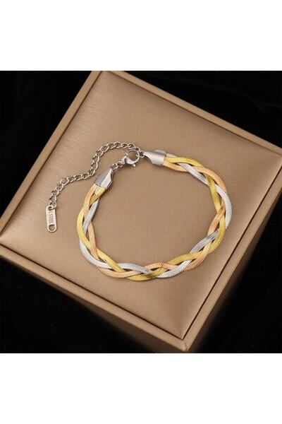 ESJ Stainless Steel Layered 3 Color Crushed Straw Bracelet Unisex 18 5 cm