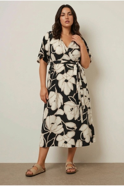 Stil Diva Μεγάλο μέγεθος, κοντομάνικο φόρεμα με λαιμόκοψη V, δετό μπροστά, με...