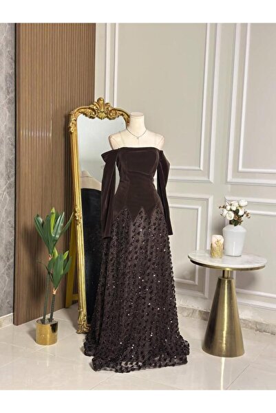 vanus fashion 6794 - فستان سهرة فاخر مخملي بني