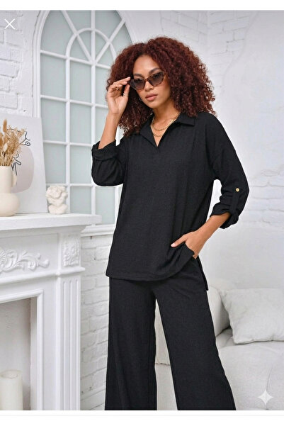 rushana Γυναικείο σετ πόλο με γιακά και παντελόνι με μανικετόκουμπα από ύφασμα