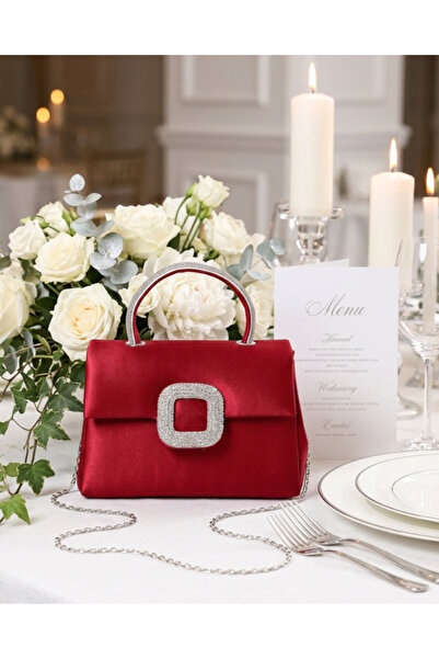 Çanta Trend Women's Burgundy Satin Handle Detailed Chain Strap Evening Dress Bag