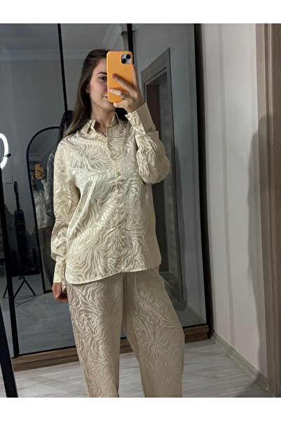 ELA طقم نسائي من قطعتين، قميص وبنطلون من الساتان قماش جاكار قصة ساق واسعة