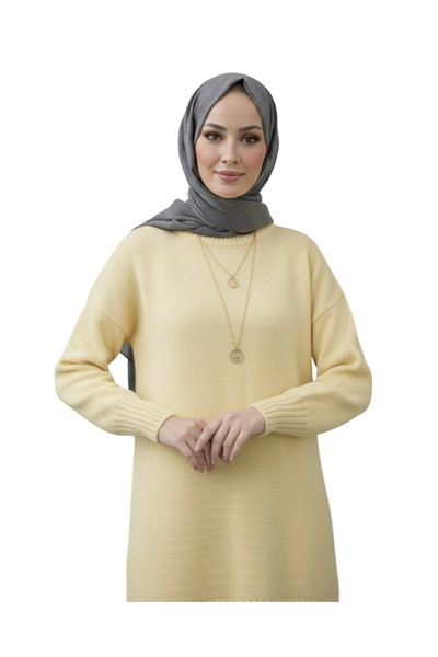 MODASPARK Sarı Bisiklet Yaka Oversize Triko Kazak Tunik