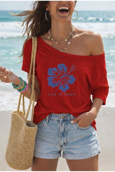 FUFLUNS تي شيرت نسائي ذو ياقة كايك كبير الحجم مطبوع عليه LIFE IS GOOD CICEK