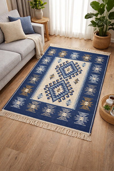 OEM Covor tradițional, dimensiune 80 x 125 cm, albastru și crem,