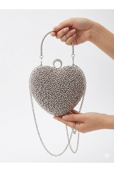 GP GUES POLO Women's Silver Heart Model Evening Dress Bag