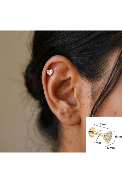 Heppii Cerrahi Çelik Gold Taşlı Kalp Tragus Piercing Helix Kıkırdak