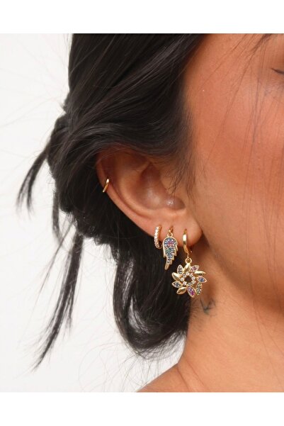Markiz Takı Women's Colorful Rhinestone Flower Triple Earrings Model