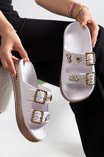 PLN SHOES باستيل جولد جولد تفاصيل إبزيم نعل عالي للنساء شبشب يوميًا على الشاط...