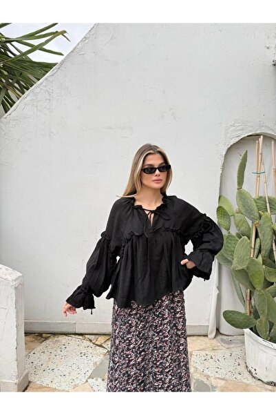 Cardella Floss Viscose Draped Ruffled Oversize Women's Shirt Blouse