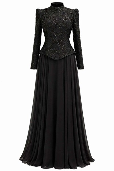 Olcay Boncuk ve Pul Bezeli Şifon Kombinli Exclusive Tesettür Abiye Elbise SİY...