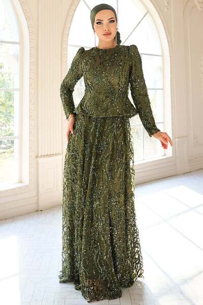 Olcay Pul ve Güpür Detaylı Exclusive Tesettür Abiye Elbise YEŞİL 1057