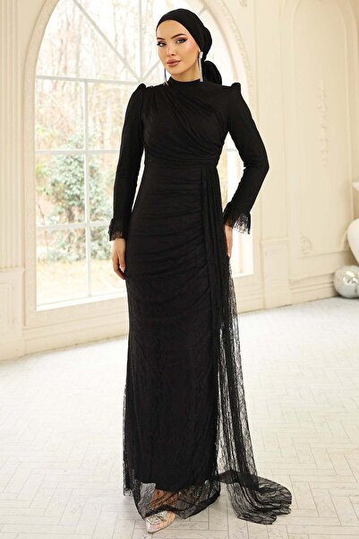 Olcay Volan Detailliertes Spitzen-Hijab-Abendkleid SCHWARZ 1251