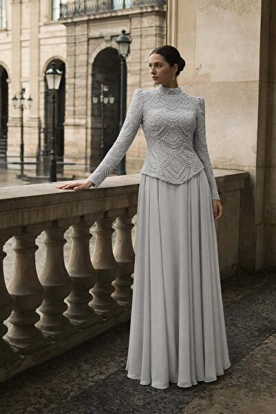 Olcay Boncuk ve Pul Bezeli Şifon Kombinli Exclusive Tesettür Abiye Elbise TAŞ...