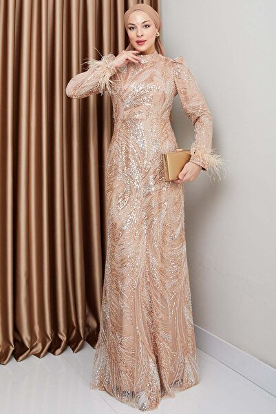 Olcay Kolu Tüy Detaylı Boncuk ve Pul İşlemeli Exclusive Tesettür Abiye Elbise...