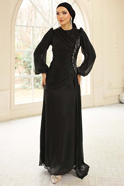 Olcay İnci ve Pilise Detaylı Yoryo İpek Tesettür Abiye Elbise SİYAH 1249