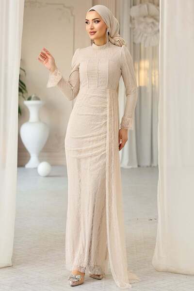 Olcay Beli Pelerin Detaylı Taş Süslemeli Dantel Tesettür Abiye Elbise KREM 1252