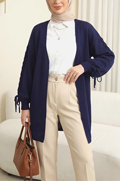 Modamorfo Knitted Cardigan with Braided Sleeves - Navy Blue