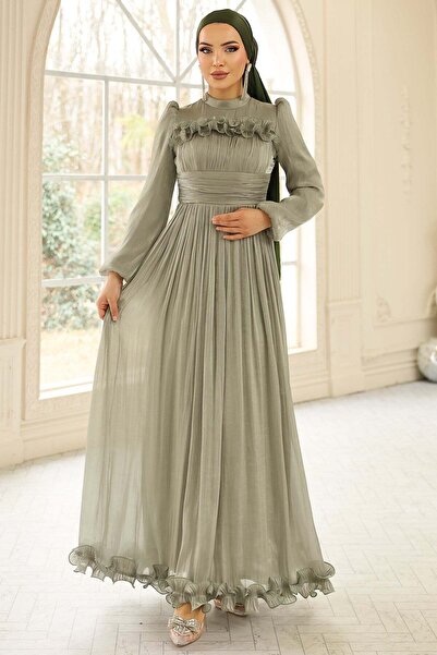 Olcay Fırfır ve Pilise Detaylı Yoryo İpek Tesettür Abiye Elbise AÇIK YEŞİL 1250