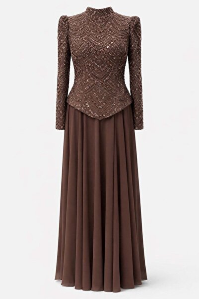 Olcay Boncuk ve Pul Bezeli Şifon Kombinli Exclusive Tesettür Abiye Elbise KAH...