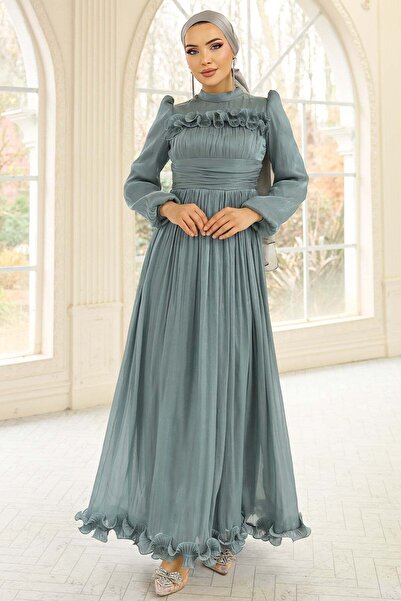 Olcay Βραδινό φόρεμα με βολάν και πιέτες Yoryo Μετάξι Tesettür ΝΕΡΟΠΡΑΣΙΝΟ 1250