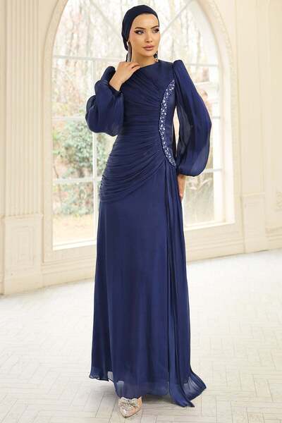 Olcay İnci ve Pilise Detaylı Yoryo İpek Tesettür Abiye Elbise K. İNDİGO 1249