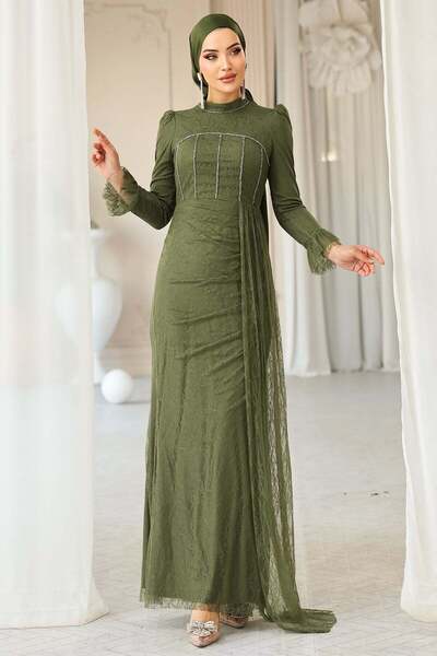 Olcay Beli Pelerin Detaylı Taş Süslemeli Dantel Tesettür Abiye Elbise YEŞİL 1252