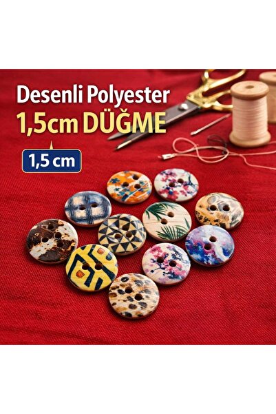 Beyna Dugme sa poliesterskim uzorkom, šareno oslikano, 1,5 cm, dugme sa dve r...