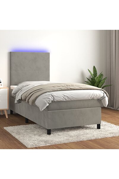 Concept Pat cu arcuri, saltea și LED, gri deschis, 90x200 cm, catifea